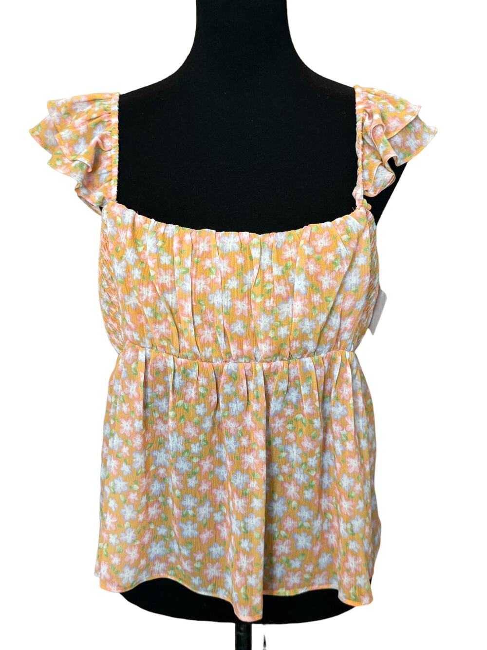 New ~ ELODIE ~ Orange/ Pink Floral Ruched Bust Ruffle Sleeve Top Size XL